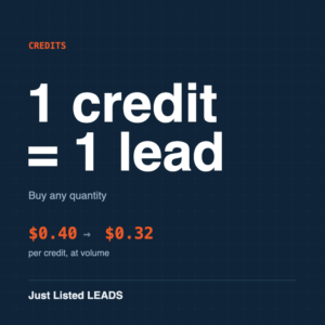 Just Listed Leads credits — one credit equals one pre-mover lead, from $0.40 down to $0.32 per credit